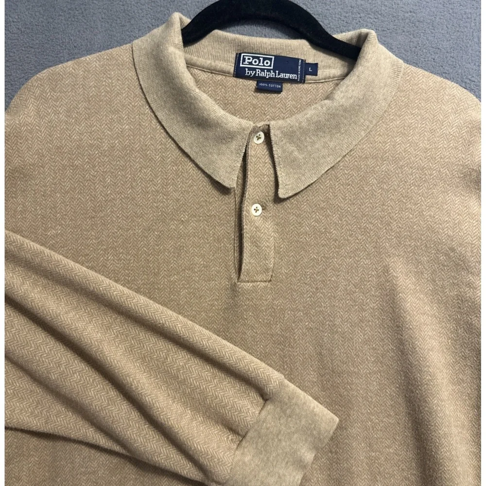 VTG Polo Ralph Lauren Herringbone Polo Shirt L/S Mens L Tan Heritage Old Money